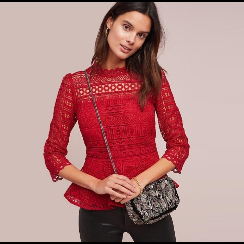 HTF Anthropologie Moulinette Soeurs Tamera Red Lace Geometric Peplum Blouse Top